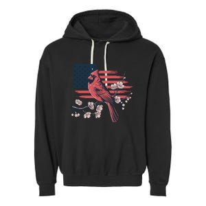 Red Cardinal Floral Flag Design Patriotic Birdwatching Garment-Dyed Fleece Hoodie