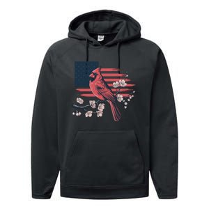 Red Cardinal Floral Flag Design Patriotic Birdwatching Performance Fleece Hoodie