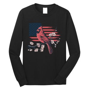 Red Cardinal Floral Flag Design Patriotic Birdwatching Long Sleeve Shirt