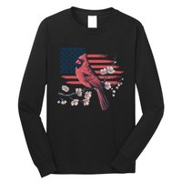 Red Cardinal Floral Flag Design Patriotic Birdwatching Long Sleeve Shirt