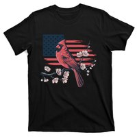 Red Cardinal Floral Flag Design Patriotic Birdwatching T-Shirt