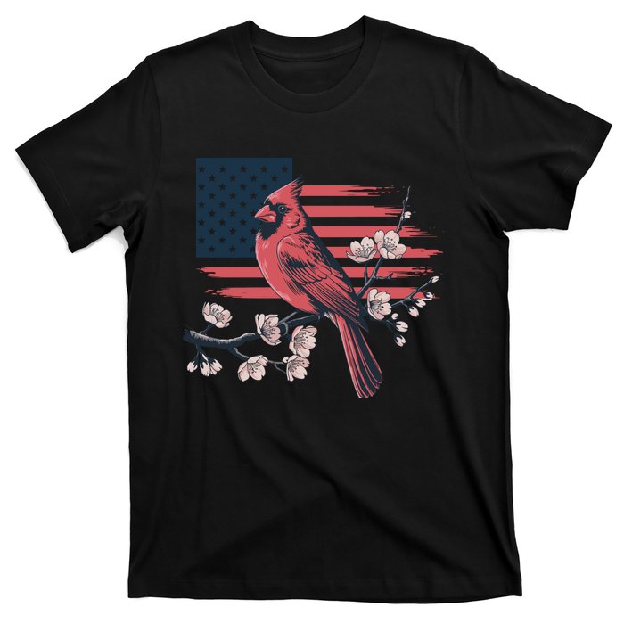 Red Cardinal Floral Flag Design Patriotic Birdwatching T-Shirt