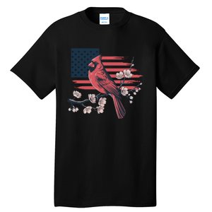 Red Cardinal Floral Flag Design Patriotic Birdwatching Tall T-Shirt