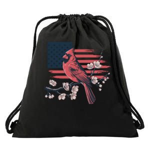 Red Cardinal Floral Flag Design Patriotic Birdwatching Drawstring Bag