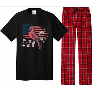 Red Cardinal Floral Flag Design Patriotic Birdwatching Pajama Set