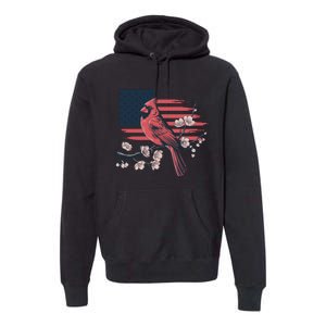 Red Cardinal Floral Flag Design Patriotic Birdwatching Premium Hoodie