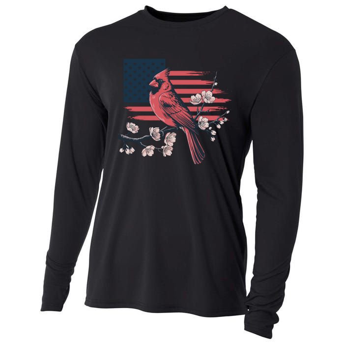 Red Cardinal Floral Flag Design Patriotic Birdwatching Cooling Performance Long Sleeve Crew