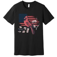 Red Cardinal Floral Flag Design Patriotic Birdwatching Premium T-Shirt