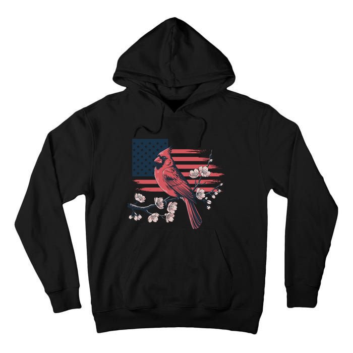 Red Cardinal Floral Flag Design Patriotic Birdwatching Tall Hoodie