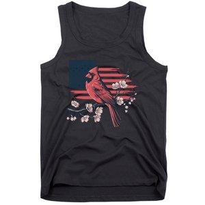 Red Cardinal Floral Flag Design Patriotic Birdwatching Tank Top