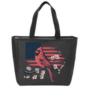 Red Cardinal Floral Flag Design Patriotic Birdwatching Zip Tote Bag