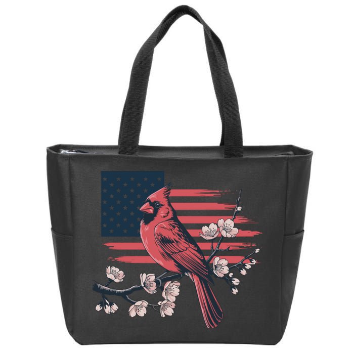 Red Cardinal Floral Flag Design Patriotic Birdwatching Zip Tote Bag