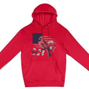 Red Cardinal Floral Flag Design Patriotic Birdwatching Premium Pullover Hoodie