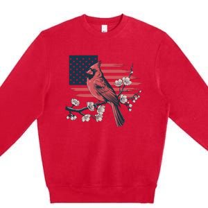 Red Cardinal Floral Flag Design Patriotic Birdwatching Premium Crewneck Sweatshirt