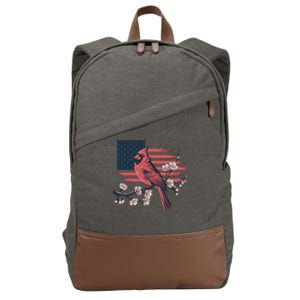 Red Cardinal Floral Flag Design Patriotic Birdwatching Cotton Canvas Backpack