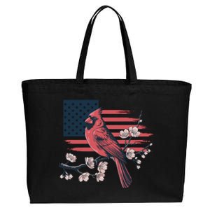 Red Cardinal Floral Flag Design Patriotic Birdwatching Cotton Canvas Jumbo Tote