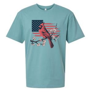 Red Cardinal Floral Flag Design Patriotic Birdwatching Sueded Cloud Jersey T-Shirt