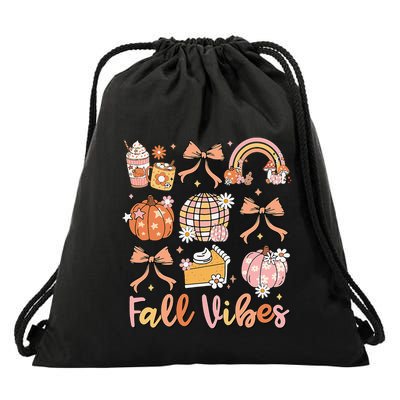 Retro Coffee Fall Vibes Autumn Coquette Pumpkin Thanksgiving Drawstring Bag