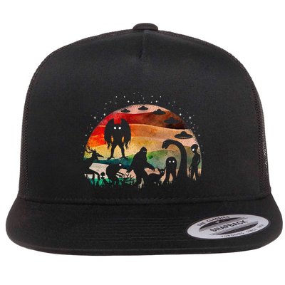 Retro Cryptid Funny Bigfoot Mothman And Aliens Cryptozoology Flat Bill Trucker Hat