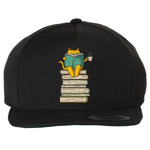 Reading Cat Funny Book & Tea Lover Gift Short Sleeve Wool Snapback Cap