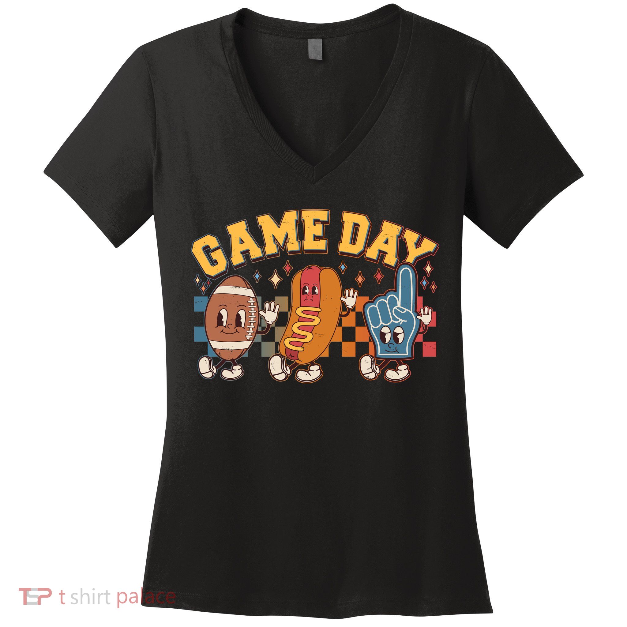 Retro Cartoon Football Game Day Women's V-Neck T-Shirt