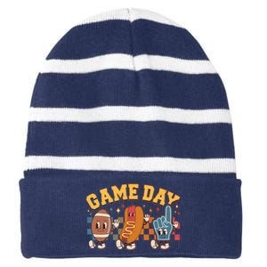 Retro Cartoon Football Game Day Striped Beanie with Solid Band