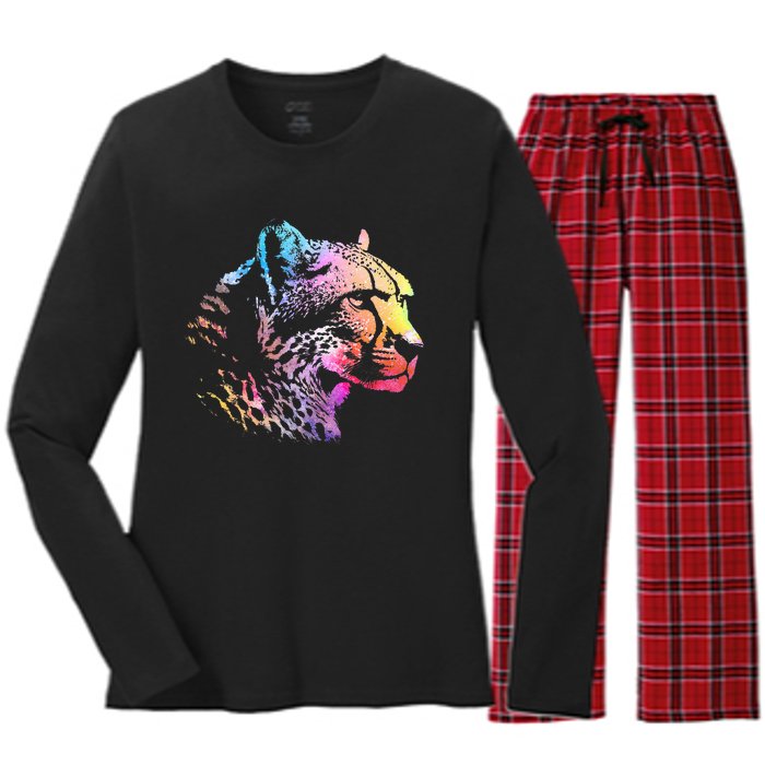 Rainbow Cheetah Face Wildlife Safari Zookeeper Zoologist Women's Long Sleeve Flannel Pajama Set 