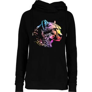 Rainbow Cheetah Face Wildlife Safari Zookeeper Zoologist Womens Funnel Neck Pullover Hood