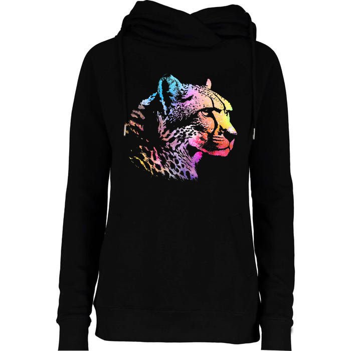 Rainbow Cheetah Face Wildlife Safari Zookeeper Zoologist Womens Funnel Neck Pullover Hood