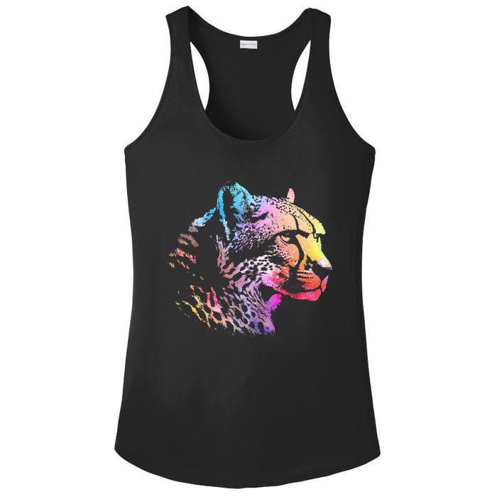 Rainbow Cheetah Face Wildlife Safari Zookeeper Zoologist Ladies PosiCharge Competitor Racerback Tank