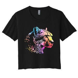 Rainbow Cheetah Face Wildlife Safari Zookeeper Zoologist Women's Crop Top Tee