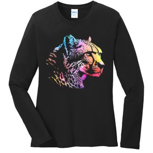 Rainbow Cheetah Face Wildlife Safari Zookeeper Zoologist Ladies Long Sleeve Shirt