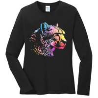 Rainbow Cheetah Face Wildlife Safari Zookeeper Zoologist Ladies Long Sleeve Shirt