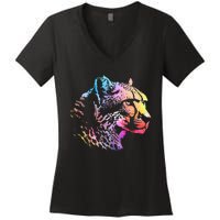 Rainbow Cheetah Face Wildlife Safari Zookeeper Zoologist Women's V-Neck T-Shirt