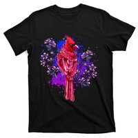 Red Cardinal Floral Bird Watching Flowers Vintage Bird T-Shirt