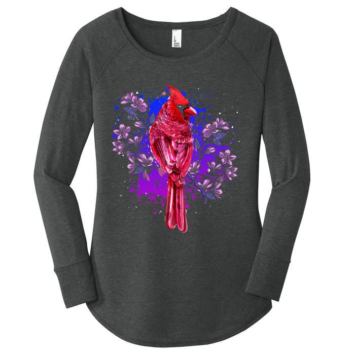 Red Cardinal Floral Bird Watching Flowers Vintage Bird Women's Perfect Tri Tunic Long Sleeve Shirt