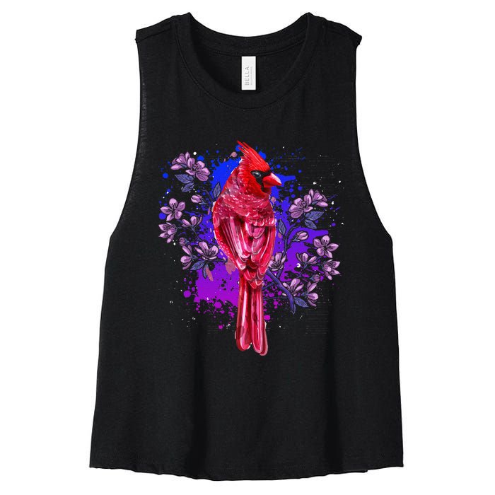 Red Cardinal Floral Bird Watching Flowers Vintage Bird Women's Racerback Cropped Tank