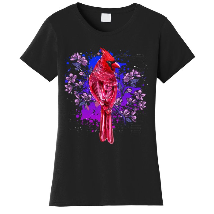 Red Cardinal Floral Bird Watching Flowers Vintage Bird Women's T-Shirt