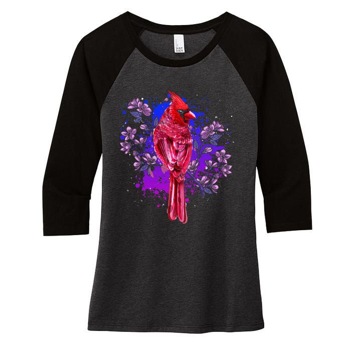 Red Cardinal Floral Bird Watching Flowers Vintage Bird Women's Tri-Blend 3/4-Sleeve Raglan Shirt