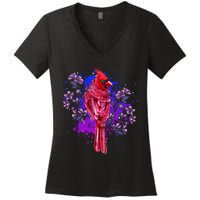 Red Cardinal Floral Bird Watching Flowers Vintage Bird Women's V-Neck T-Shirt