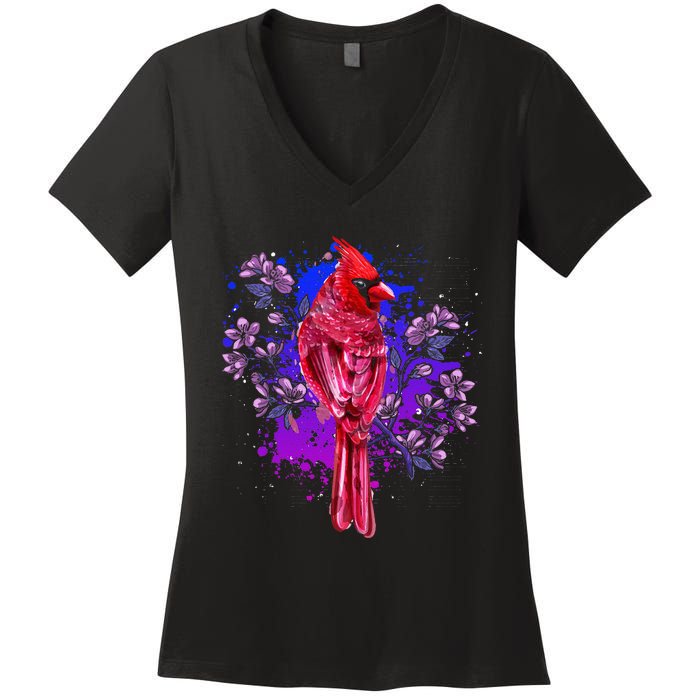 Red Cardinal Floral Bird Watching Flowers Vintage Bird Women's V-Neck T-Shirt