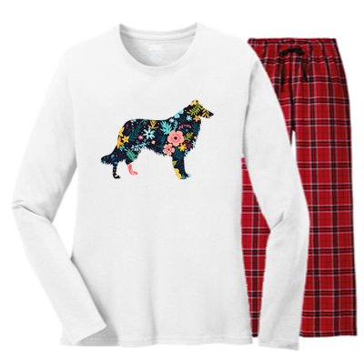 Rough Collie Floral Dog Silhouette Graphic Women's Long Sleeve Flannel Pajama Set 