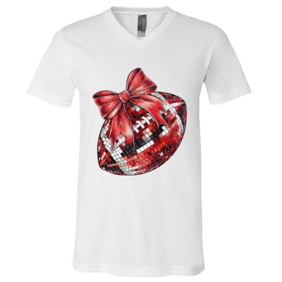 Red Coquette Football Png Football Bow Football Mom V-Neck T-Shirt