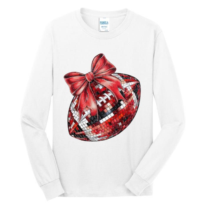 Red Coquette Football Png Football Bow Football Mom Tall Long Sleeve T-Shirt