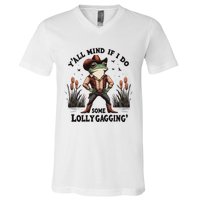 Retro Cowboy Frog Meme YAll Mind If I Do Some Lollygaggin V-Neck T-Shirt