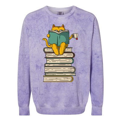 Reading Cat Funny Book & Tea Lover Gift Colorblast Crewneck Sweatshirt