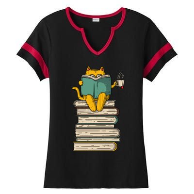 Reading Cat Funny Book & Tea Lover Gift Ladies Halftime Notch Neck Tee