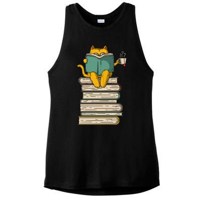 Reading Cat Funny Book & Tea Lover Gift Ladies PosiCharge Tri-Blend Wicking Tank