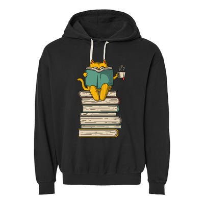 Reading Cat Funny Book & Tea Lover Gift Garment-Dyed Fleece Hoodie