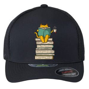 Reading Cat Funny Book & Tea Lover Gift Flexfit Unipanel Trucker Cap